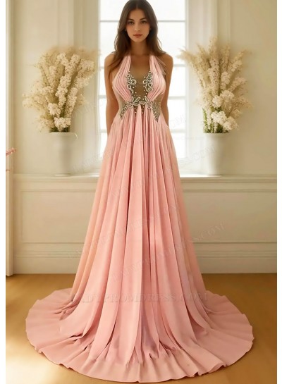 Pink A-line Halter Chiffon Waistline Flowy Prom Dresses
