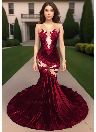 Burgundy Velvet Mermaid Sheer Cutout Prom Dresses with Lace Appliques