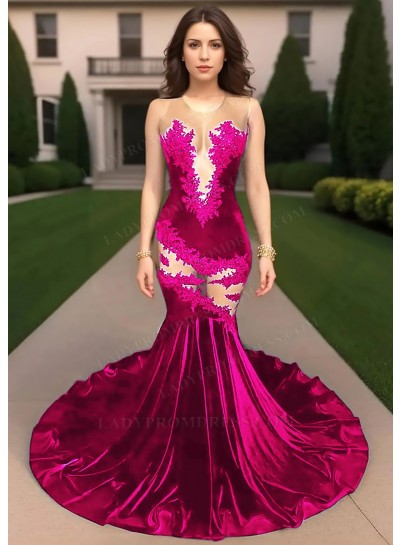 Fuchsia Velvet Mermaid Sheer Cutout Prom Dresses with Lace Appliques