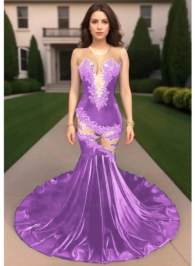 Lilac Velvet Mermaid Sheer Cutout Prom Dresses with Lace Appliques
