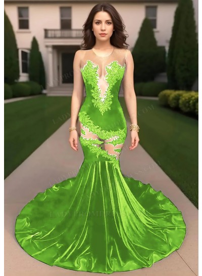 Lime Green Velvet Mermaid Sheer Cutout Prom Dresses with Lace Appliques