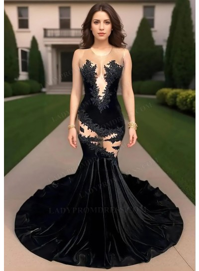 Black Velvet Mermaid Sheer Cutout Prom Dresses with Lace Appliques