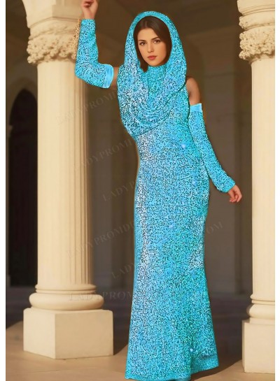 Blue Sequins Full Length Draped Hooded Prom Dresses