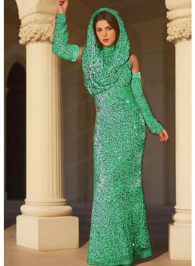 Emerald Sequins Full Length Draped Hooded Prom Dresses