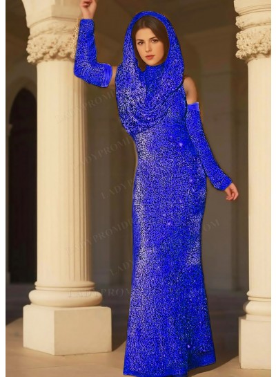 Royal Blue Sequins Full Length Draped Hooded Prom Dresses