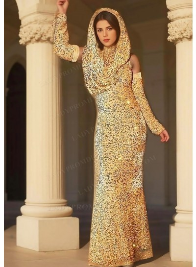 Gold Sequins Full Length Draped Hooded Prom Dresses