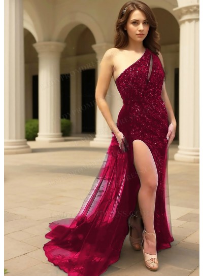 Burgundy One Shoulder Sequins Tulle Prom Dresses with Side Split