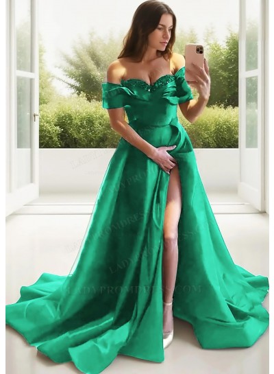 Emerald Off-Shoulder Satin Sweetheart Neck High Split Prom Dresses