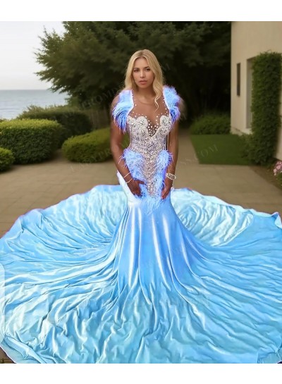 Blue V-neck Satin Mermaid Appliques Train Beaded Prom Dresses with Feathers