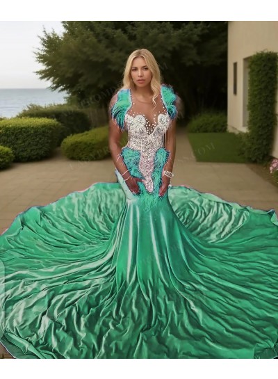 Emerald V-neck Satin Mermaid Appliques Train Beaded Prom Dresses with Feathers