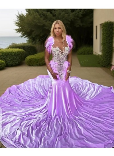 Lilac V-neck Satin Mermaid Appliques Train Beaded Prom Dresses with Feathers