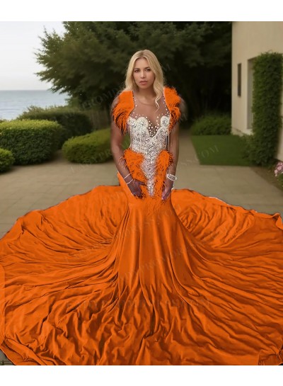 Orange V-neck Satin Mermaid Appliques Train Beaded Prom Dresses with Feathers