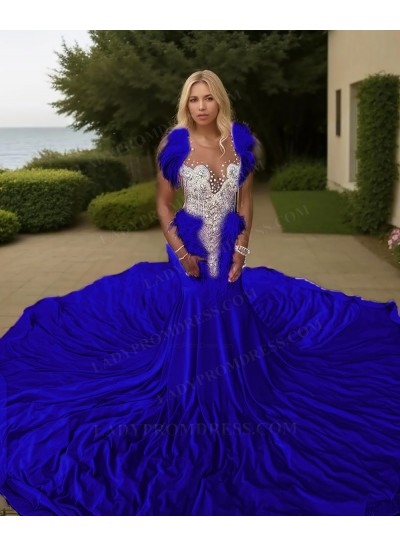 Royal Blue V-neck Satin Mermaid Appliques Train Beaded Prom Dresses with Feathers