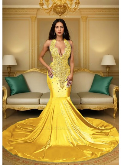 Daffodil Satin Halter Neck Mermaid Prom Dresses with Beaded