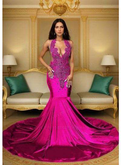 Fuchsia Satin Halter Neck Mermaid Prom Dresses with Beaded
