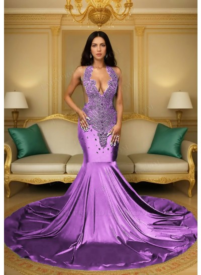 Lilac Satin Halter Neck Mermaid Prom Dresses with Beaded