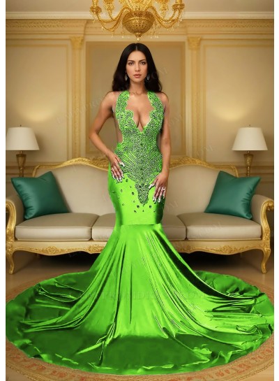 Lime Green Satin Halter Neck Mermaid Prom Dresses with Beaded