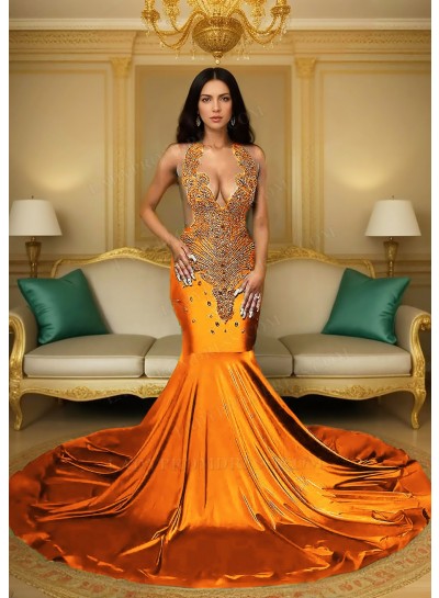 Orange Satin Halter Neck Mermaid Prom Dresses with Beaded