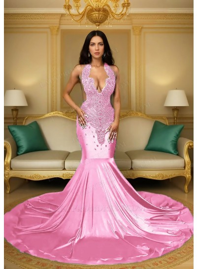 Pale Pink Satin Halter Neck Mermaid Prom Dresses with Beaded