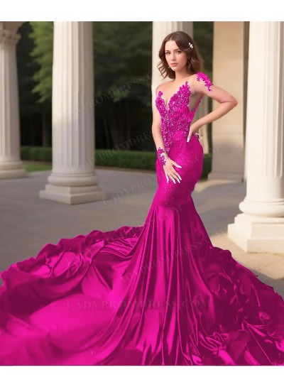 Fuchsia Long Sleeves Tulle Train Mermaid Satin Prom Dresses with Appliques