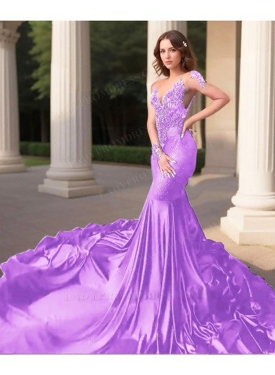 Lilac Long Sleeves Tulle Train Mermaid Satin Prom Dresses with Appliques