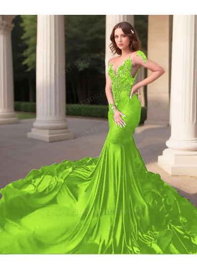 Lime Green Long Sleeves Tulle Train Mermaid Satin Prom Dresses with Appliques