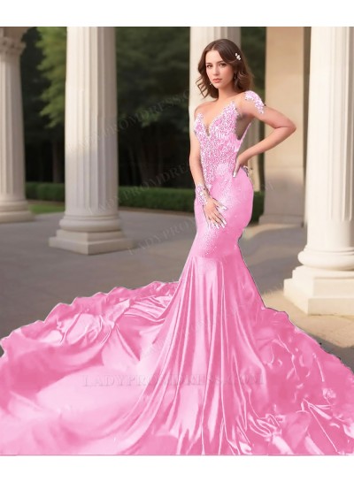 Pale Pink Long Sleeves Tulle Train Mermaid Satin Prom Dresses with Appliques