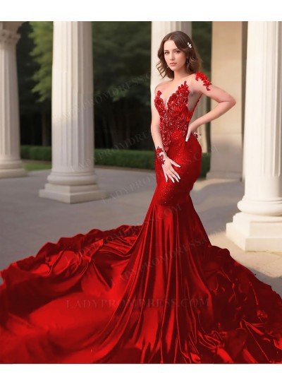 Red Long Sleeves Tulle Train Mermaid Satin Prom Dresses with Appliques