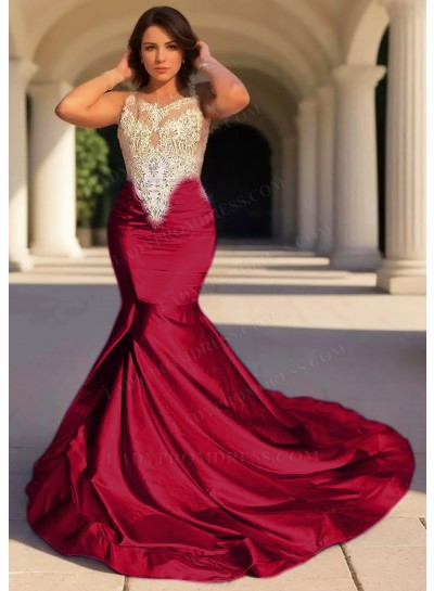 Burgundy Satin Bodice Sleeveless Formal Prom Dresses with Appliques