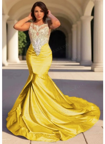 Daffodil Satin Bodice Sleeveless Formal Prom Dresses with Appliques