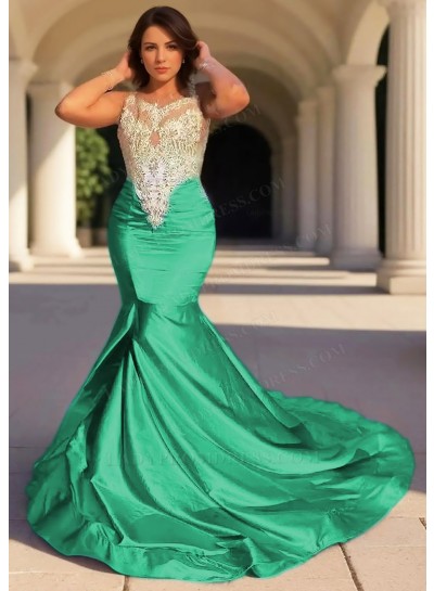 Emerald Satin Bodice Sleeveless Formal Prom Dresses with Appliques