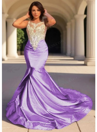 Lilac Satin Bodice Sleeveless Formal Prom Dresses with Appliques