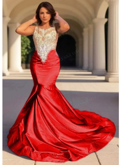 Red Satin Bodice Sleeveless Formal Prom Dresses with Appliques