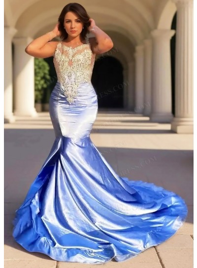 Blue Satin Bodice Sleeveless Formal Prom Dresses with Appliques