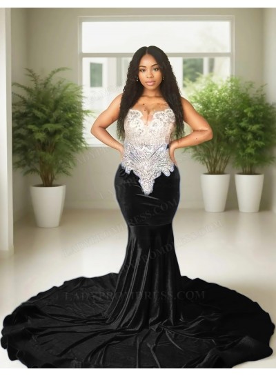 Black Velvet Beaded Corset Mermaid Prom Dresses