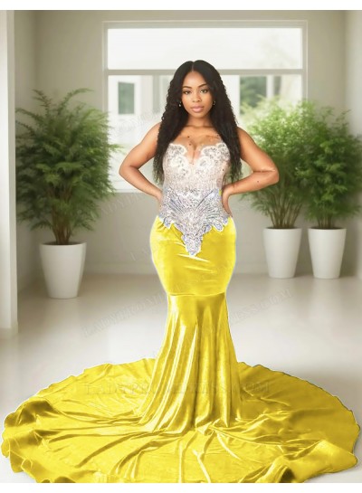 Daffodil Velvet Beaded Corset Mermaid Prom Dresses