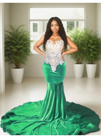 Emerald Velvet Beaded Corset Mermaid Prom Dresses