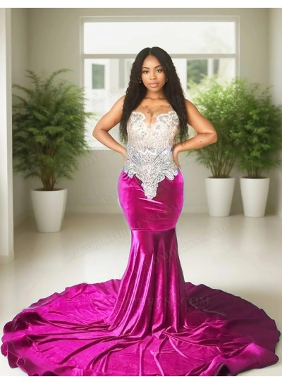 Fuchsia Velvet Beaded Corset Mermaid Prom Dresses