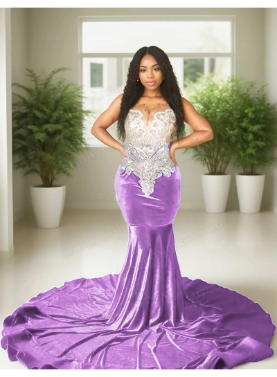 Lilac Velvet Beaded Corset Mermaid Prom Dresses