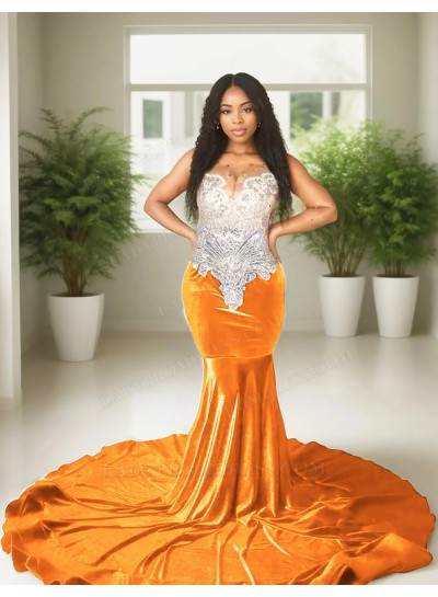 Orange Velvet Beaded Corset Mermaid Prom Dresses