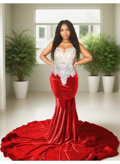 Red Velvet Beaded Corset Mermaid Prom Dresses