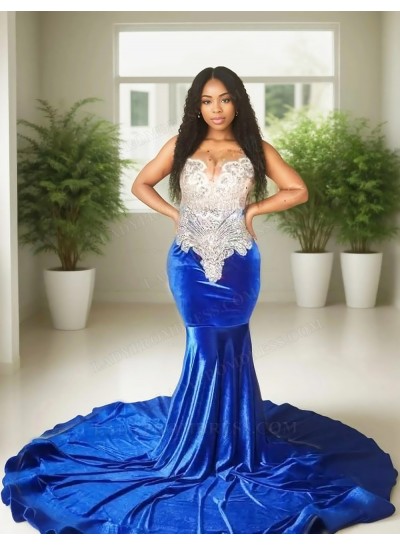 Royal Blue Velvet Beaded Corset Mermaid Prom Dresses