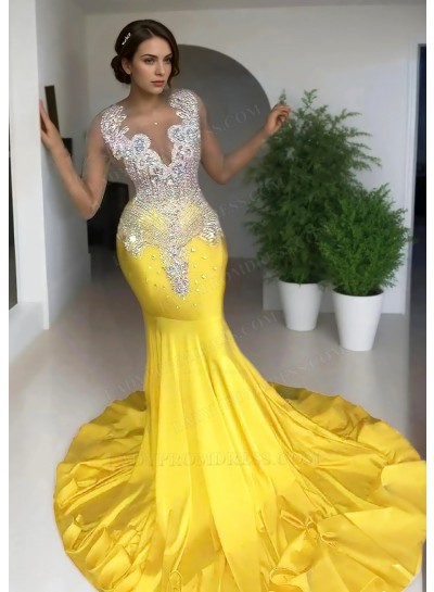 Daffodil Sleeveless Sheer Neck Satin Mermaid Prom Dresses with Beaded