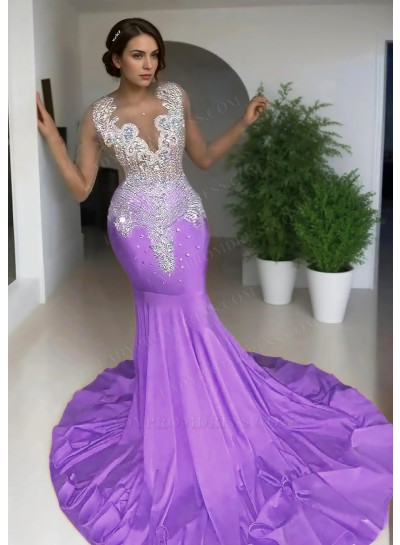 Lilac Sleeveless Sheer Neck Satin Mermaid Prom Dresses with Beaded