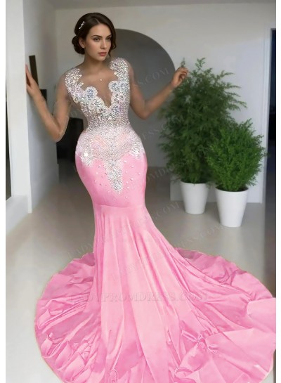 Pale Pink Sleeveless Sheer Neck Satin Mermaid Prom Dresses with Beaded