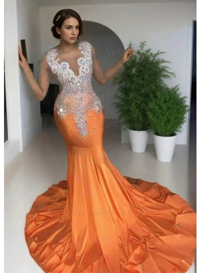 Orange Sleeveless Sheer Neck Satin Mermaid Prom Dresses with Beaded