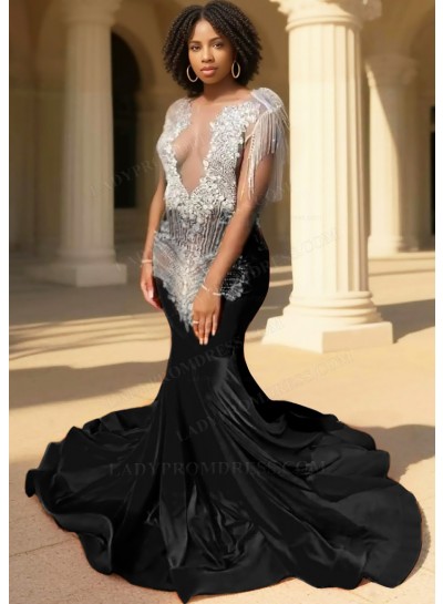 Black Sequins Bodice Mermaid Velvet Prom Dresses with Fringe Beaded