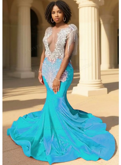 Blue Sequins Bodice Mermaid Velvet Prom Dresses with Fringe Beaded