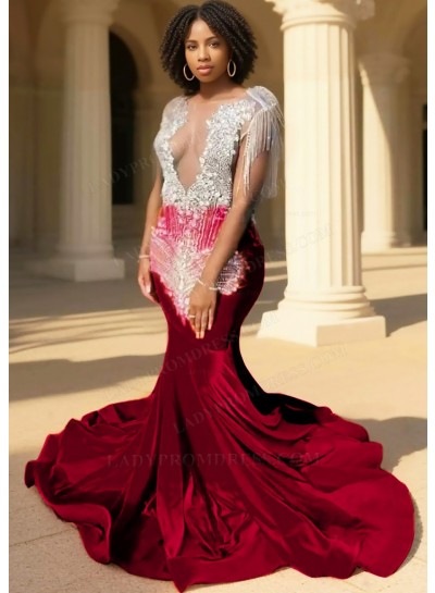 Burgundy Sequins Bodice Mermaid Velvet Prom Dresses with Fringe Beaded