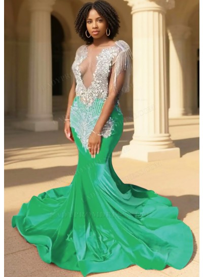 Emerald Sequins Bodice Mermaid Velvet Prom Dresses with Fringe Beaded